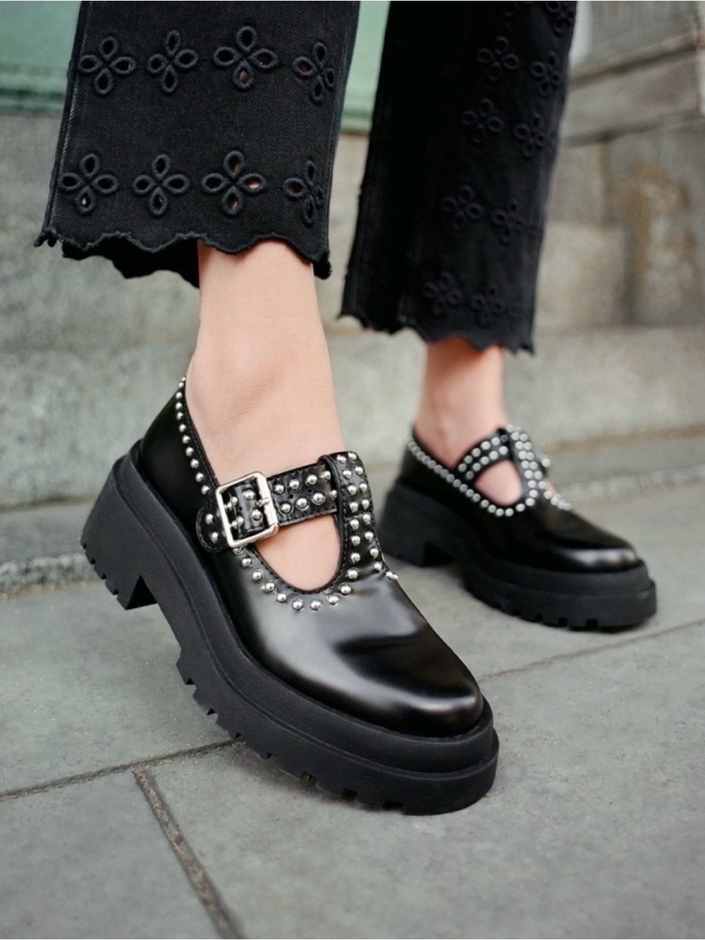 Loeffler Randall Black Studded Platform Mary Jane Loafers